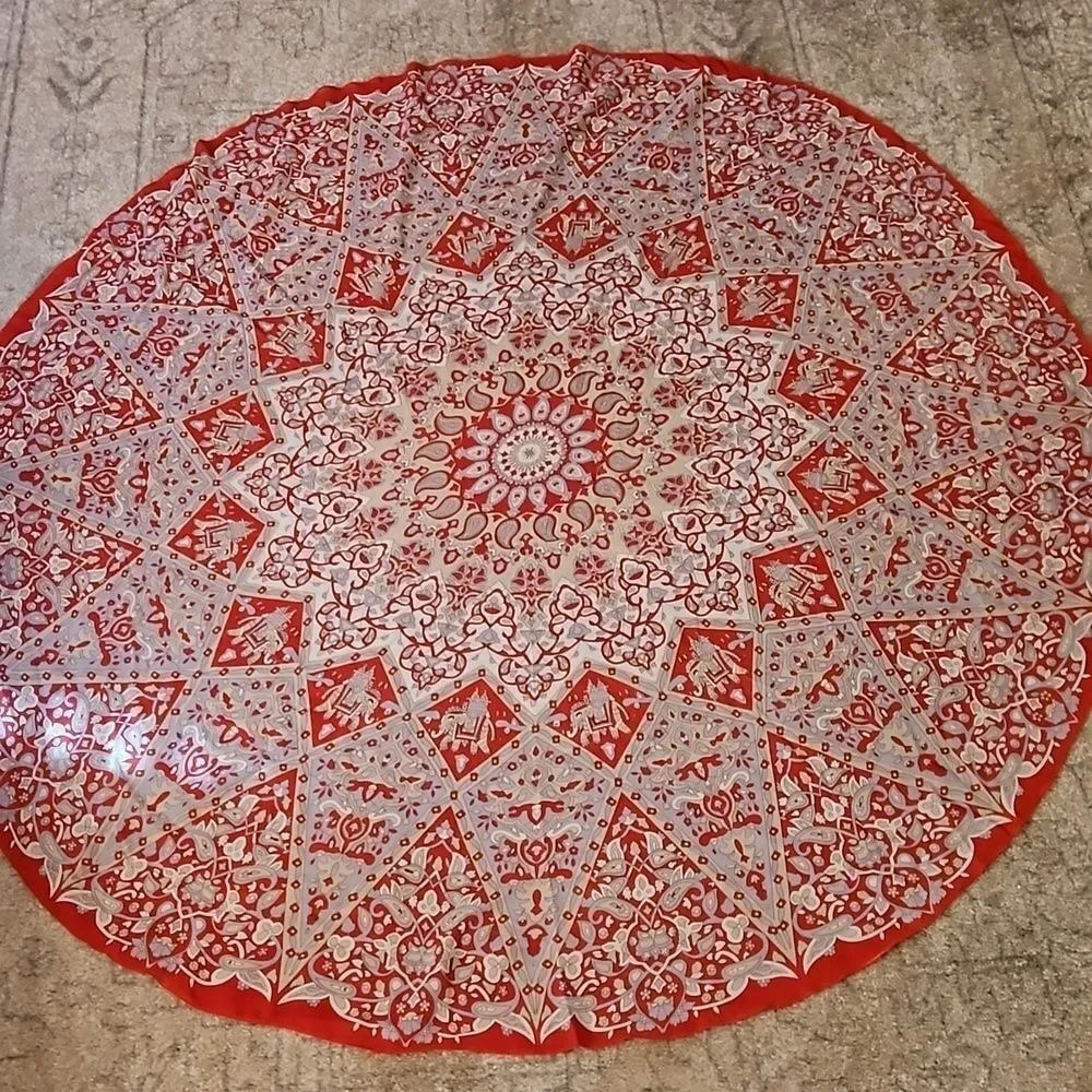 Mandala Elephant Round Oversized Scarf Wrap Red Gray White Boho Tapestry 60
